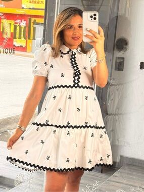 TCEC White Dress with Black Trim and Bow Embroidery